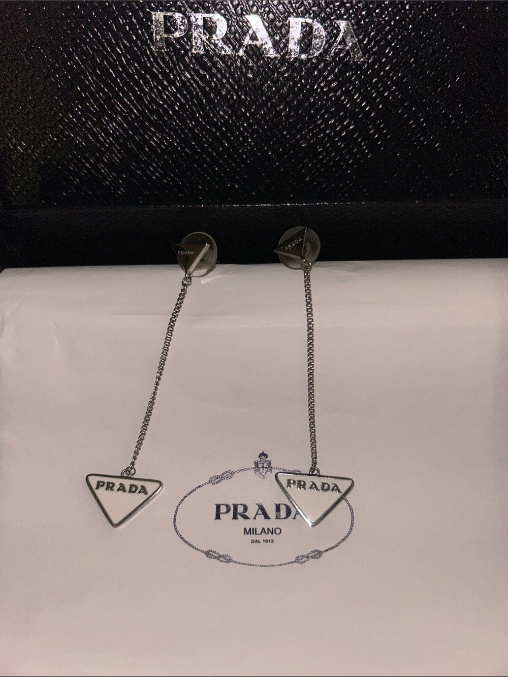 Prada White Triangle Enamel Chain Drop earrings